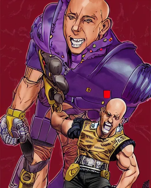 Image similar to Digital color pen drawing of Vin Diesel from JoJo\'s Bizzare Adventure with a robot standing behind him, highly detailed, sharp focus, screentone shading, 1990 manga panel, trending on ArtStation, manga cover art drawn by Hirohiko Araki