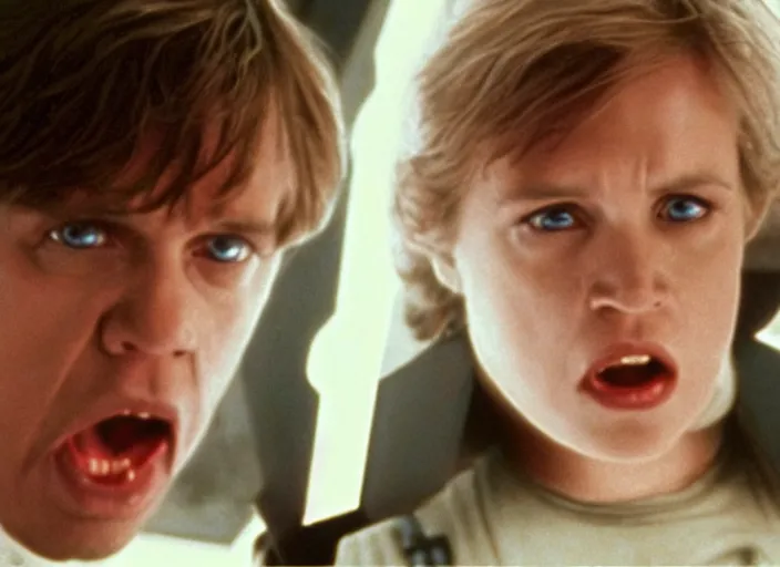 Image similar to screenshot of Luke Skywalker yelling to help Princess Leia Organa, marble planet, from the iconic scene from the lost star wars 1980s film directed by David Lynch, cinematic lighting, unsettling set design with extreme detail, moody cinematography, with anamorphic lenses, crisp, detailed, 4k image