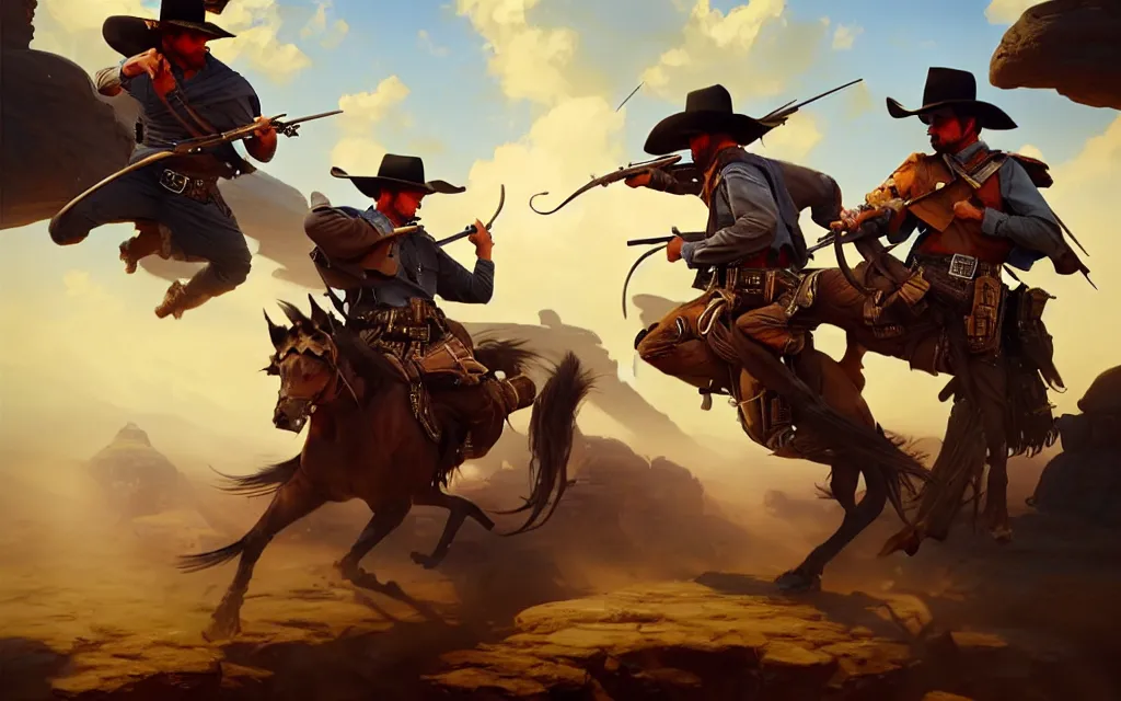 Prompt: Ultra realistic illustration, Duel between gunmen in the old west, intricate, highly detailed, digital painting, artstation, cgnode, concept art, smooth, sharp focus, cinematic lighting , colorful, art by Artgerm and Peter Mohrbacher and Fenghua Zhong