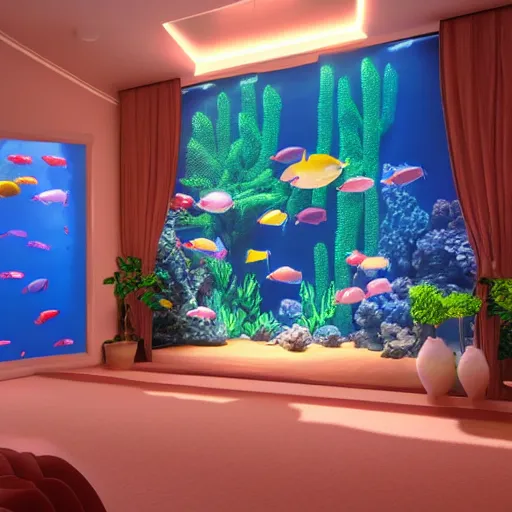 Image similar to realistic 3 d designed big modern room as aquarium with a beautiful fishes and corals, realistic colors, realistic shadows, daylight made by blender and cinema 4 d, hd, 3 d