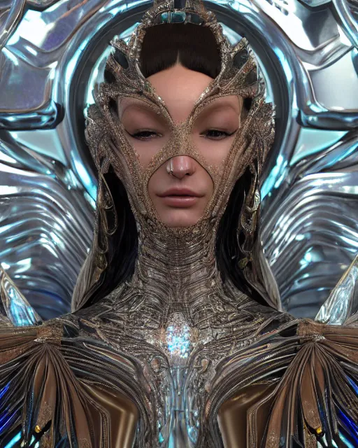 Image similar to a highly detailed metahuman 4 k close up render of an alien goddess bella hadid as alien in iris van herpen dress schiaparelli in diamonds crystals swarovski and jewelry iridescent in style of alphonse mucha gustav klimt trending on artstation made in unreal engine 4