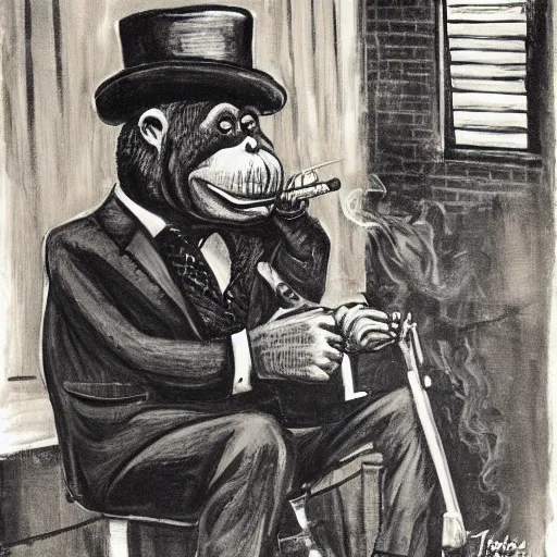 Prompt: orangutan in mafia suit with bowler hat and tommy gun smoking a cigar, dark street scene at night