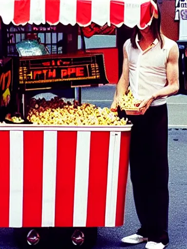 Image similar to “ iggy pop is selling popcorn at the popcorn booth in the street, movie screenshot, cinematic, epic, dramatic ”