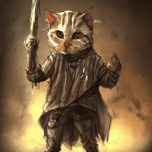 Image similar to dirty homeless humanoid cat wearing rags, wielding a broadsword, concept art, d & d, fantasy, trending on artstation