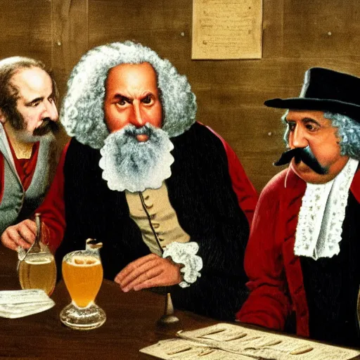 Prompt: the quaker oats man having a drink with ron jeremy at a round table in a tavern