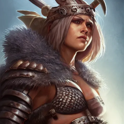 Image similar to female barbarian warrior, fully covered in armor and furs, art by artgerm and greg rutkowski and magali villeneuve, d & d, fantasy, portrait, highly detailed, headshot, digital painting, trending on artstation, concept art, sharp focus, illustration