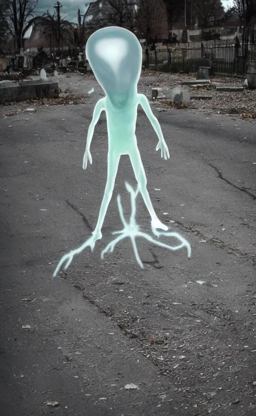 Image similar to a full long shot photo of a translucent alien being, invisible, streets, ghost, creepy, horror, scary, stressful, caucasian, nighttime, cemetery, bloody, blood everywhere, very bloody, cinematic, legendary, epic, glow up, realistic, 8 k, hdr, extremely detailed