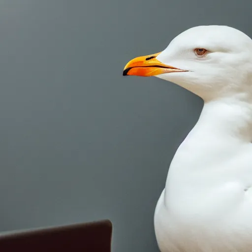 Image similar to an angry seagull typing at a computer in it's bedroom, close up, studio portrait