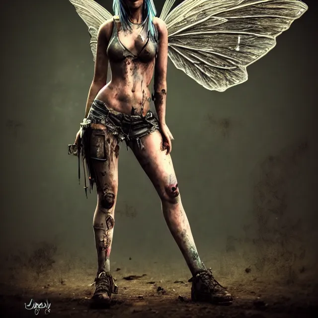 Image similar to full body pose, beautiful adult warrior fairy, dirty, grungy, grunge, highly detailed, 4 k, hdr, smooth, sharp focus, high resolution, award - winning photo, artgerm, photorealistic