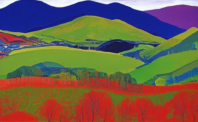 Prompt: A beautiful painting of scotland hills by David hockney