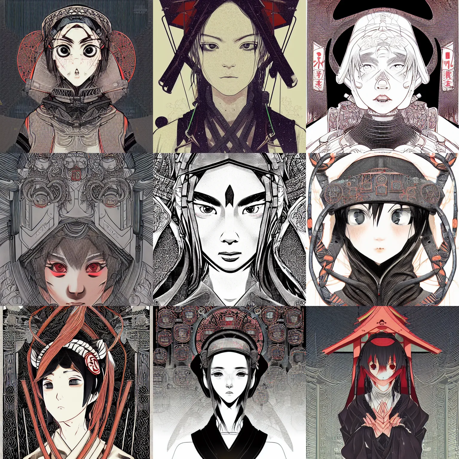 Prompt: techwear occultist, torii, shrine, inari shrine, miko, beautiful, detailed symmetrical close up portrait, intricate complexity, in the style of kyoto animation key visuals and takato yamamoto, artgerm, cel shaded