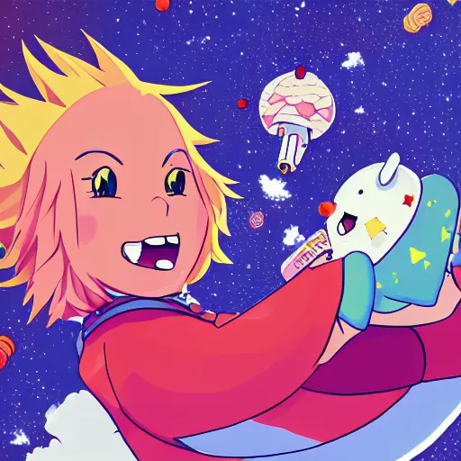 Image similar to Howl's Moving Candy Castle In Space With Flying Pigs, trending on pixiv