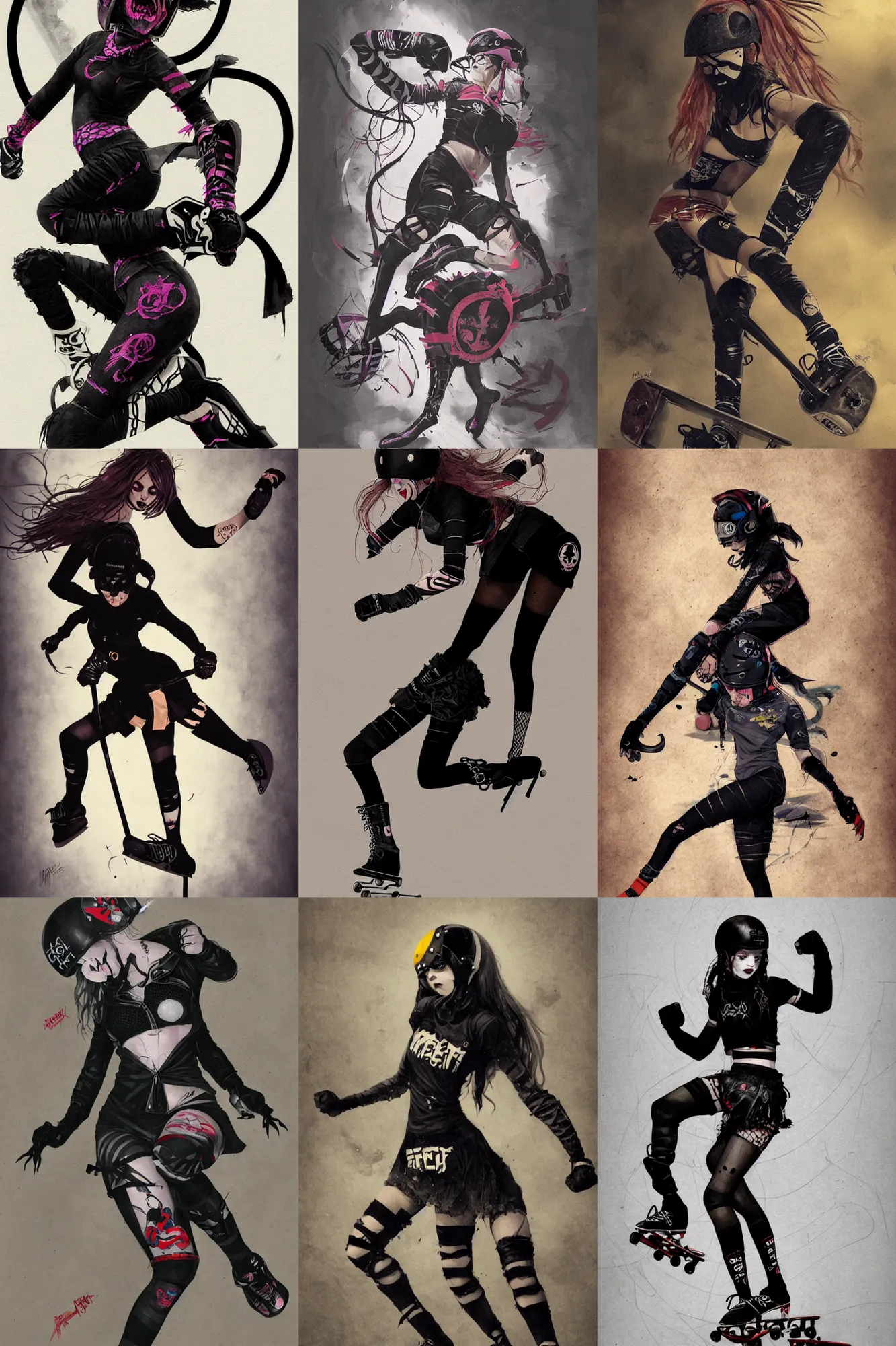 Prompt: goth girl , logo design, roller derby girl sprinting Cross-Over, wearing skate helmet, knee pads, elbow pads,full length portrait, fishnet tights, torn, ripped, fists in the air, illustration by greg rutkowski, pen and ink