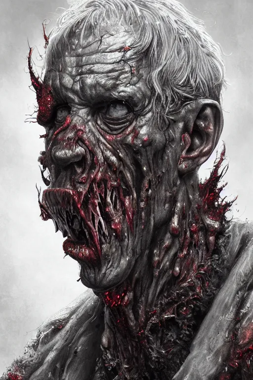 Image similar to realistic portrait of beautifully crystalized and detailed portrait of a zombie old man, matte painting of cinematic movie scene red dragon, horror, created by gustave dore and greg rutkowski, high detailed, smooth draw, synthwave neon retro, intricate, realistic proportions, dramatic lighting, trending on artstation.