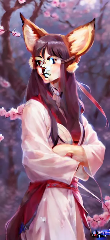 Image similar to a league of legends concept art of a cute girl with fox ears wearing kimono at a sakura tree, art by cushart krentz and greg rutkowski, 8 k resolution, high quality, highly detailed, long hair, fantasy style, empty background, illustration, hyperrealism, octane render, commission art, trending on artstation, pinterest