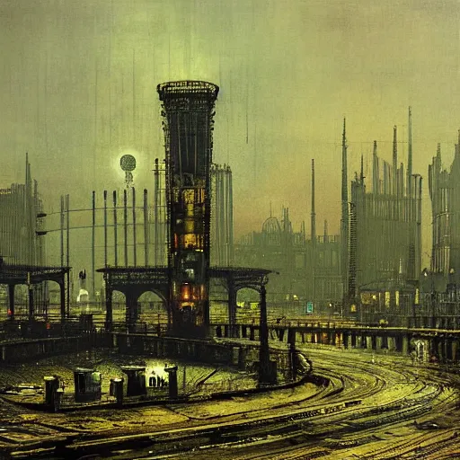 Prompt: future London after the war with the machines by John Atkinson Grimshaw