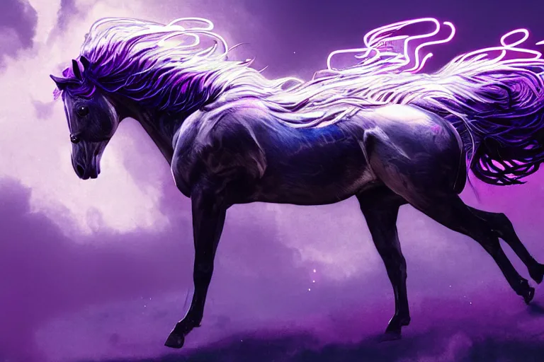 Image similar to a stunning horse with bioluminescent mane and tail running in the clouds by sandra chevrier and greg rutkowski, purple blue color scheme, celtic neon runes, vaporware, retro, outrun, high key lighting, volumetric light, digital art, highly detailed, fine detail, intricate, ornate, complex, octane render, unreal engine, photorealistic