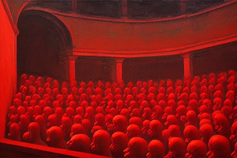 Image similar to only with red, crowd screaming, an exposed painting in a roman theater, in the style of beksinski, parts by edward hopper, parts by rodcenko, parts by yue minjun, intricate and epic composition, red by caravaggio, insanely quality, highly detailed, masterpiece, red light, artstation, 4 k