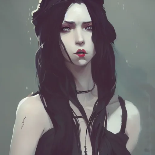 Image similar to female human vampire witch in the style of greg rutkowski, makoto shinkai, trending on artstation, character design, concept art, pretty face, highly detailed, long black hair, portrait, digital art