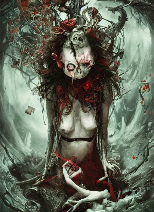 Image similar to Alice in Wonderland Death Tarot card,highly detailed,cinematic,8k,by Stanley Artgermm,Tom Bagshaw,Greg Rutkowski,Carne Griffiths, Ayami Kojima, Beksinski, Giger,trending on DeviantArt,hyper detailed,horror, full of colour