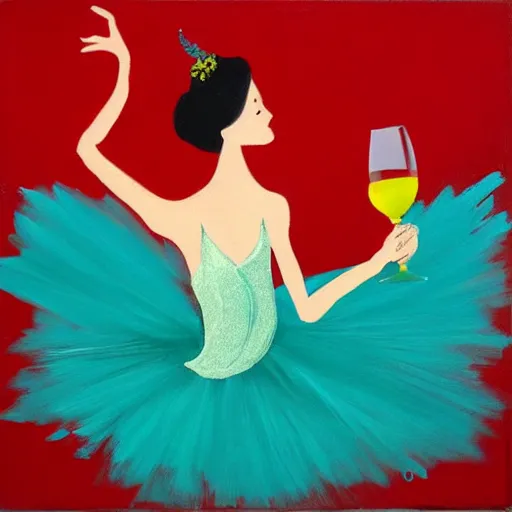 Image similar to square painting of a ballerina drinking wine in a teal room all on a red background