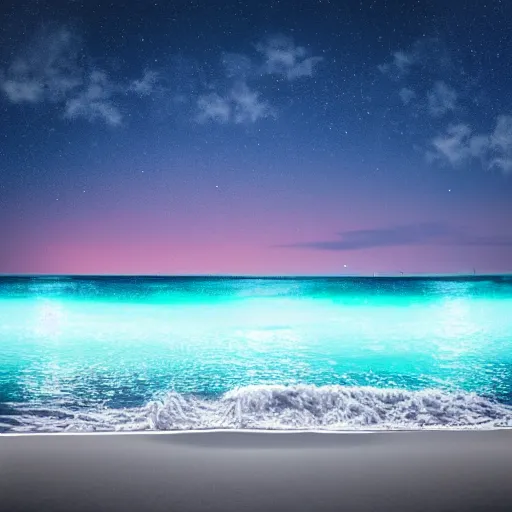 Prompt: nighttime view of beach on the ocean, bioluminescent waves🌊, realistic, fine detail, 4k