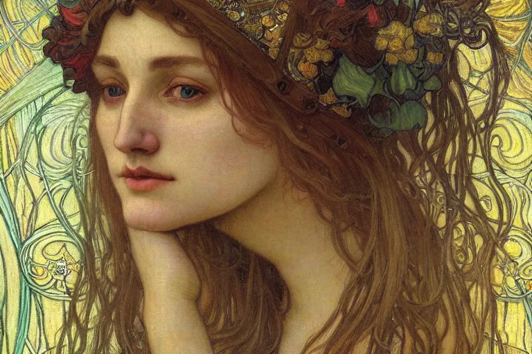 Image similar to detailed realistic beautiful young medieval queen face portrait by jean delville, alphonse mucha, vincent van gogh, and marco mazzoni, art nouveau, symbolist, visionary, gothic, pre - raphaelite