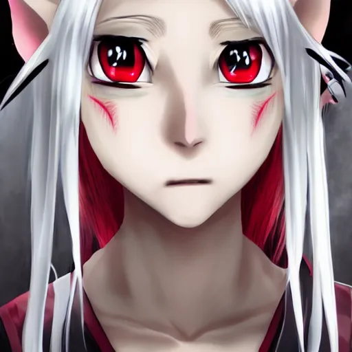 Image similar to white hair, red eyes, two small horn on the head, anime style, anime girl, elf ears