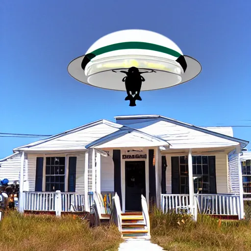 Prompt: a ufo hovering above Howard's pub ocracoke nc photo