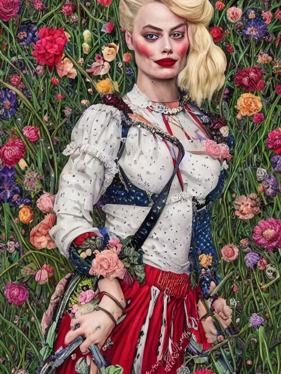 Image similar to a 60mm portrait of margot robbie harley quinn between embellished pattern and huge flower bushes,by Ekaterina Belinskaya,tom bagshaw,Cedric Peyravernay,Bella Kotak,marie spartali Stillman,Marianne North,William Morris,GUCCI,trending on pinterest,dark fantasy,maximalist,glittering,feminine