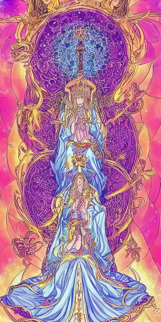 Image similar to a mystical woman priestess sitting on a throne, the divine feminine, drawn by studio UFOTABLE, psychedelic, fine line work, pastel colors, Tarot cards. The empress tarot card, detailed, anime