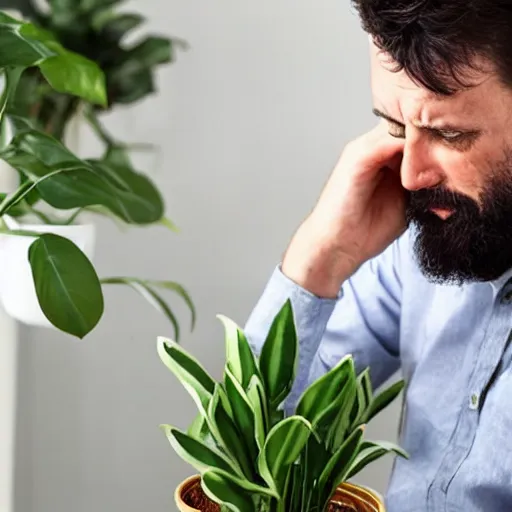 Image similar to a man sobbing over his dying potted plant