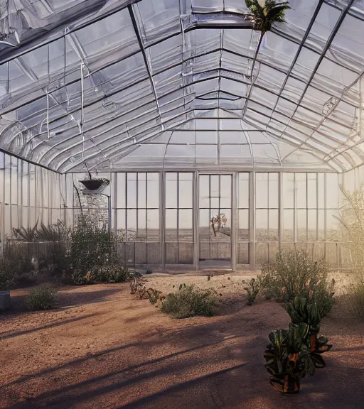 Prompt: condensed glass architecture of purifycation white lab in the wild, desert white greenhouse, cyber installation, ancient atmosphere, trending on artstation, corona render, award winning, archviz, matte painting, sunrays, ethereal, desert