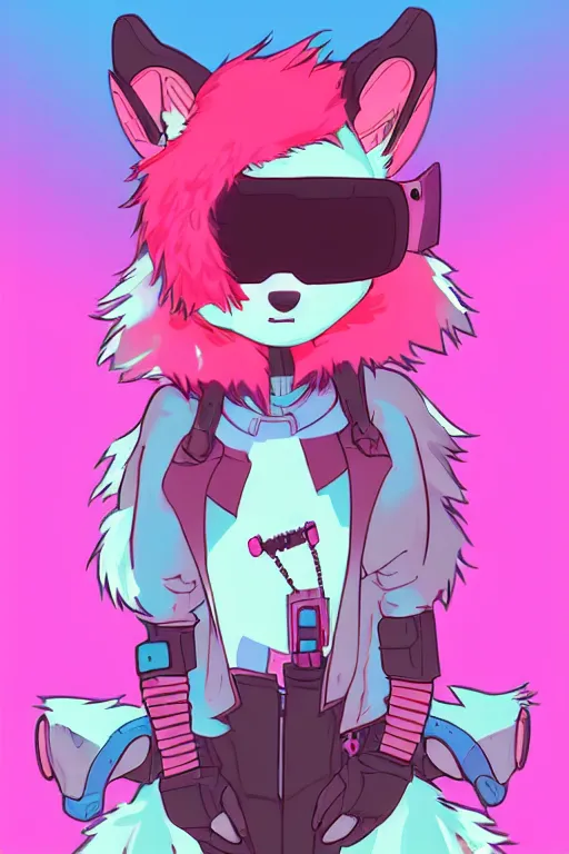 Prompt: a cute cyberpunk anthropomorphic fox with pink fur and blue eyes and a fluffy tail, comic art, trending on furaffinity, cartoon, kawaii, backlighting, furry art!!!, cel shading, concept art, lineless