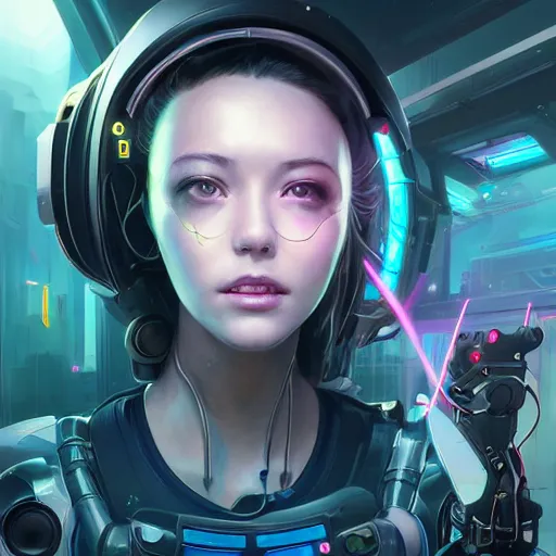 Image similar to portrait of a beautiful cybernetic raver girl wearing a oculus rift headset in a futuristic japanese penthouse, cyberpunk concept art by pete mohrbacher and artgerm and wlop and greg rutkowski, digital art, highly detailed, intricate, sci-fi, neon colors, sharp focus, Trending on Artstation HQ, deviantart, unreal engine 5, 4K UHD image