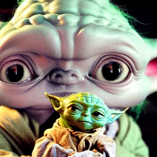 Prompt: Dakota fanning eats soup out of baby yoda’s skull, in the style of Jeff Koons