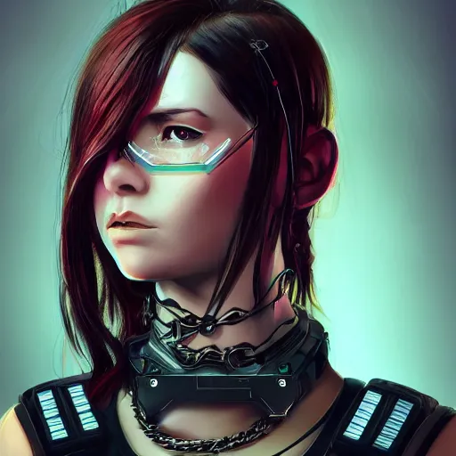 Image similar to female character cyberpunk wearing technological collar around neck, realistic, art, beautiful, 4K, collar, choker, collar around neck, punk, artstation, detailed, female, woman, choker, dark,