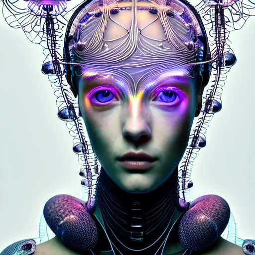 Prompt: portrait of an absurdly beautiful, graceful, sophisticated, fashionable cyberpunk mechanoid, hyperdetailed illustration by irakli nadar, matt wisniewski style, intricate linework, white porcelain skin, iridescent fractal headdress, day - glow face paint, jellyfish electronic collar, unreal engine 5 highly rendered, global illumination, radiant light, detailed and intricate environment