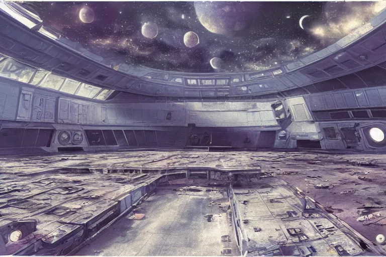 Image similar to matte painting of an outside view of abandoned space station in the deep space