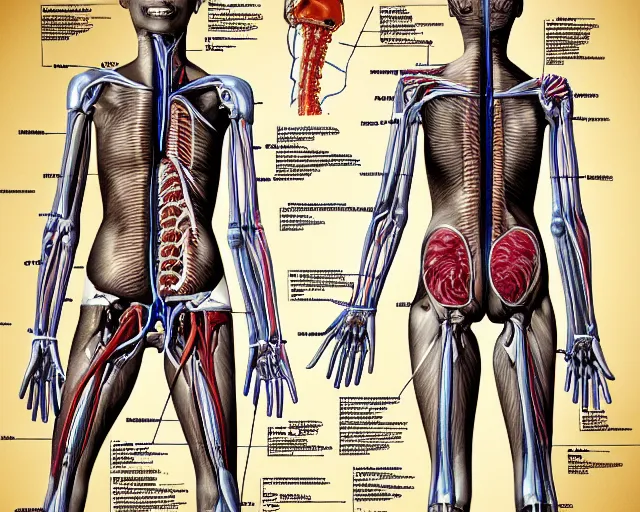 Prompt: female synthetic human, highly detailed labeled medical anatomy poster anatomical drawing, high resolution