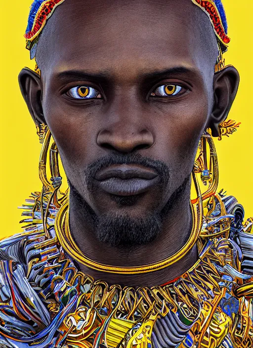 Image similar to closeup portrait of east african man, an ultrafine detailed illustration by james jean, intricate linework, bright colors, final fantasy, behance contest winner, vanitas, angular, altermodern, unreal engine 5 highly rendered, global illumination, radiant light, detailed and intricate environment