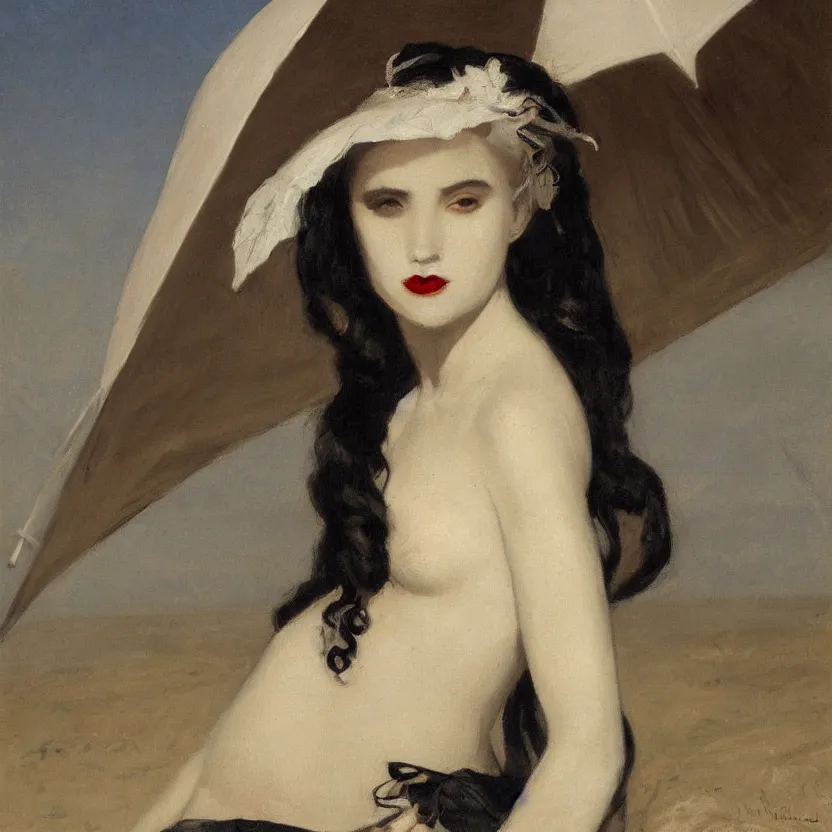 Image similar to portrait of a beautiful and grim vampire queen under a large beach umbrella by William-Adolphe Bouguerea