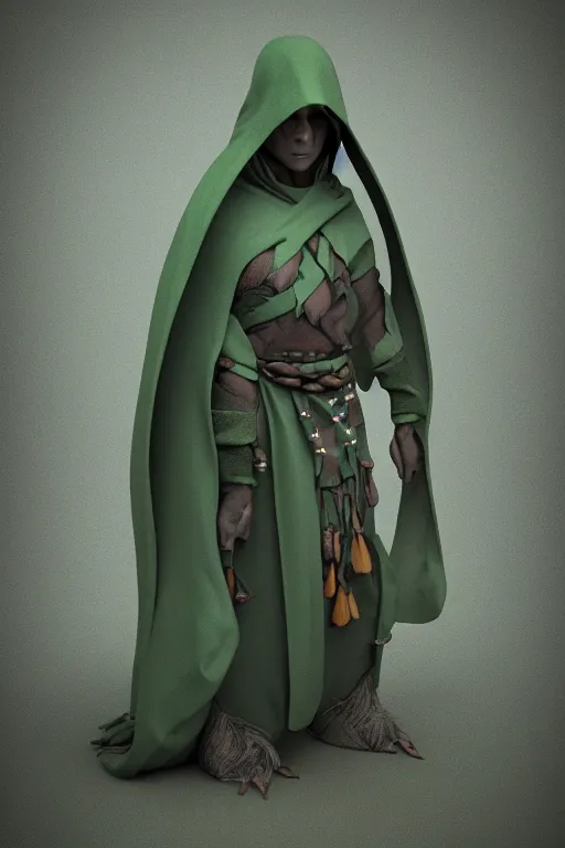 Image similar to A cute shaman with no nose, glowing eyes and a very long hooded dark green cloak of leaves by Julien Kaspar, 3D render, stylized, Cycles Render