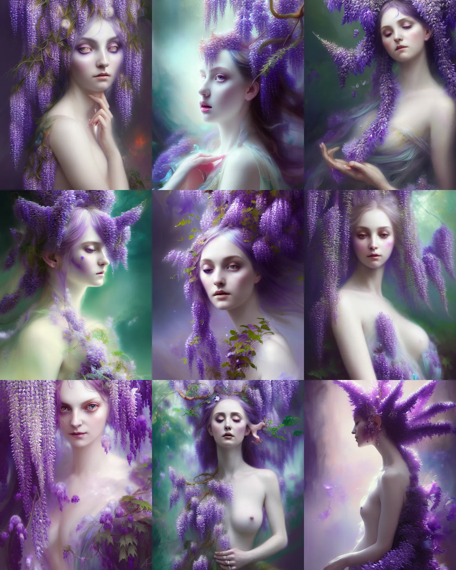 Image similar to Full View Portrait Mystical ethereal wisteria deity wearing beautiful dress, wisteria Dryad, 4k digital masterpiece by Anna dittman and Ruan Jia and Alberto Seveso, fantasycore, Hyperdetailed, realistic oil on linen, soft lighting, wisteria background, featured on Artstation