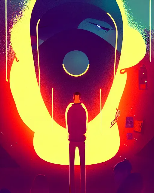 Image similar to tomorrowland, hyper - realistic portrait of a man in a hoodie, music festival, intricate, 4 k, by atey ghailan, by greg rutkowski, by greg tocchini, by james gilleard, by joe fenton, by kaethe butcher, dynamic lighting, lighting color scheme, sharp focus, grunge aesthetic