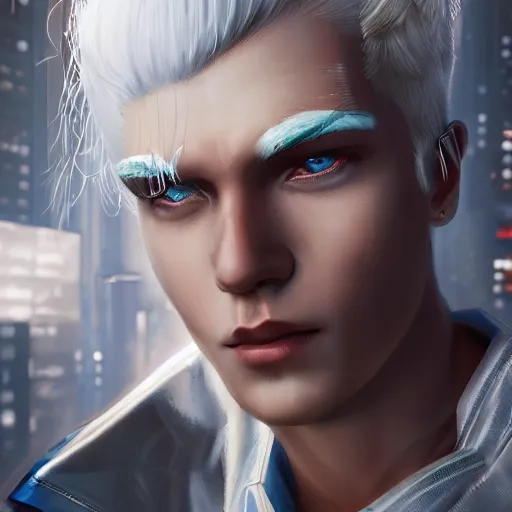 Prompt: boy with white hair in a cyberpunk world, and mechanical buildings, artstation, digital art, highly detailed, intricate, unreal engine, fine detail, smooth, sharp focus, detailed face