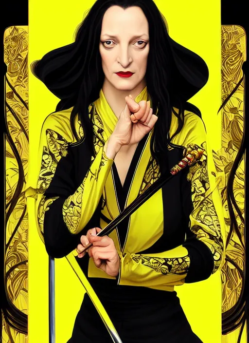 Prompt: uma thurman in kill bill, rococo and art nouveau fusion, swinging reflective katana, yellow jumpsuit with black stripe, highly detailed, deep focus, elegant, digital painting, smooth, sharp focus, illustration, ultra realistic, japanese art by artgerm and alphonse mucha