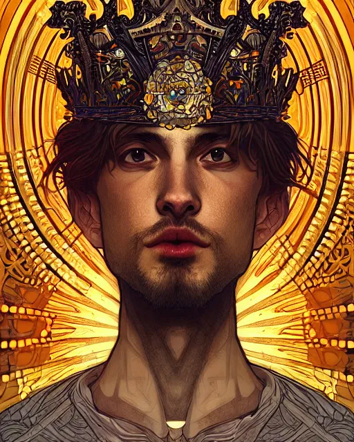 Image similar to symmetrical, centered, young and handsome god close - up portrait wigh crown made of skulls. artwork by tooth wu and wlop and alena aenami and alphonse mucha, brian froud, pablo amaringo