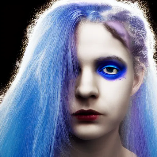 Prompt: Dragon lady, portrait of young girl half dragon half human, Dragon skin, Dragon eyes, Blue hair, Long hair, by David Lynch