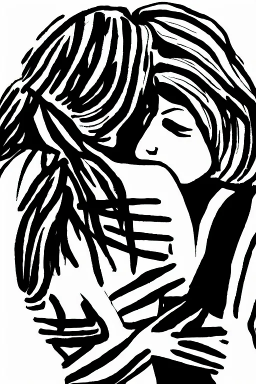 Prompt: graphic art illustration of a single line depicting a couple hugging